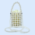 Detail of beaded pearl bucket bag with silver beads and cream satin drawstring lining - White
