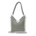 Detailed view of silver beaded handbag with woven handle and metallic chain strap - Silver