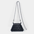 Mini black woven beaded crossbody bag with silver pearl chain strap in a trapezoid shape - Black