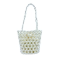 Sac seau perlé blanc fait main avec doublure en satin jaune et poignée supérieure - Blanc