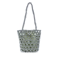 Sac seau perlé argenté avec motif tissé ajouré et doublure en satin vert clair - Argenté