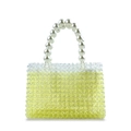 Bolso cuadrado artesanal de cuentas amarillas con elegante asa de perlas blancas - Amarillo