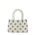 Handmade beaded handbag with silver diamond pattern and white faux pearls - Diamond Floral Pattern Handbag / Pearl White/Silver