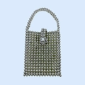 Detailed view of handmade silver beaded square handbag with flower clasp and mini beads - Metallic Beaded Handbag / Silver