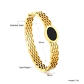 Detail of gold plated stainless steel bangle with mesh texture and black oval inlay - Gold Mesh Black Oval Style (BR925501G)