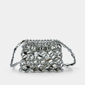 Artisan woven silver metallic bead mini crossbody bag with hollow grid pattern and strap - Silver