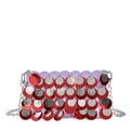 Sparkling purple sequin handmade crossbody bag with silver chain strap and red accents - Multicolor