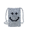 Silver beaded mini crossbody bag with a black beaded smiley face and metal chain strap - Silver