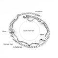 Detail of double-layer stainless steel bracelet with clover charms and size measurements - Silver Double Layer Four-Leaf Clover Style (BR235701S)