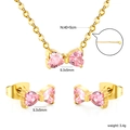 Macro detail of pink bow jewelry set with dimensions and stainless steel necklace finish - Pink Bowknot Style (SE26890FG)