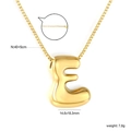 Detail of 3D puffy gold letter E necklace with dimensions 14.6x18.3mm and square link chain - E(NE2F500EG)