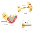 Detail of butterfly screw back earring with dimensions and twist mechanism view - Gold Butterfly Style (EA61990MG)