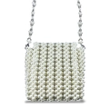 Detail of hand-woven white pearl shoulder bag featuring intricate silver bead textures - White
