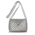 Detail of silver metallic beaded crossbody bag with woven grid and spherical bead closure - Silver