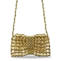 Detail of golden woven metal mesh bag with bow shape and bamboo style link chain - Gold