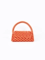 Handmade coral orange beaded handbag with vintage grid weave and top handle design - Orange