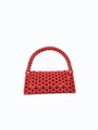 Handmade red beaded handbag with a rectangular shape and structured top handle - Red