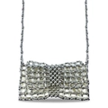 Silver metallic mesh bow-shaped evening clutch bag with beaded shoulder strap and satin lining - Silver