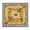 Foulard quadrato retrò giallo con stampa botanica blu e trama a spina di pesce - Cotone Lino Spina di Pesce / Fiore Farfalla Gialla