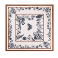 Sciarpa quadrata retrò con motivi floreali blu e design a farfalla elegante - Cotone Lino Spina di Pesce / Fiore Farfalla Bianca