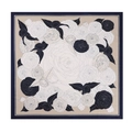 90cm cotton linen square scarf with navy blue borders and elegant camellia pattern - 90*90cm (Herringbone Cotton Linen) / Black Camellia