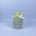 Mini handmade pearl bucket bag with gold accents and yellow satin drawstring liner - Clear