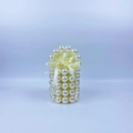 Mini handmade pearl bucket bag with cream satin drawstring and gold bead accents - Beige