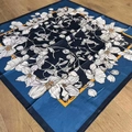 Vintage floral printed square silk scarf featuring blue floral pattern on light blue border - 90*90cm / Blue Floral
