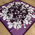 Close-up of purple floral silk scarf on wood texture showing detailed fabric and pattern - 90*90cm / Purple Floral