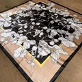 90cm vintage floral silk scarf with magnolia prints on black and gold background - 90*90cm / Gold Floral