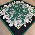 Floral print silk square scarf in deep green and black with elegant flower patterns - 90*90cm / Green Floral