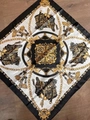 Detail of vintage equestrian chain print on luxury square satin scarf with baroque patterns - 90*90cm / Black and White