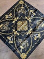 Macro detail of classic chain and carriage print on a black satin silk square scarf - 90*90cm / Black