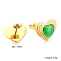 Golden heart stud earrings with green cat-eye stone, size 15x11mm, 5.5g pair - Stainless Steel / Green Cat Eye Stone / Green Gold Style (EA58850JG)
