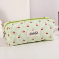 Detail of green gingham pencil case with red cherry print and quilted fabric texture - Grass Green