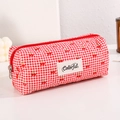 Detail of red cherry print on gingham fabric pencil case with Colorful logo tag - Red