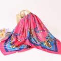 Satin silk scarf with retro chain print on straw bag, large square shawl in fuchsia and navy - 90*90cm / Rose Pink Chain