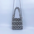 Mini silver metallic beaded handbag with woven pearl texture and chain strap - Silver