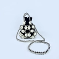 Mini evening bag with white faux pearls, silver beads and black velvet drawstring insert - Silver and Pearl
