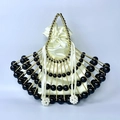 Detail of fan-shaped evening bag with gold metal frame, black beads and satin drawstring pouch - Black