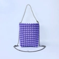 Mini pearl beaded crossbody bag with purple checkered pattern and silver chain - Purple