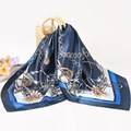 Elegant navy blue silk scarf with golden chain and floral print for women fashion - 90*90cm / Navy Blue Chain