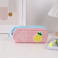 Close-up of pink canvas stationery pouch with oversized blue zipper and pineapple patch - Pineapple (Pink)