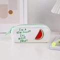 Detail of white canvas pencil case with large green zipper and watermelon patch - Watermelon (White)