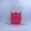 Handmade bright pink beaded handbag with white pearl handle and silver chain strap - Pink