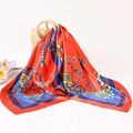 Red and royal blue satin scarf with gold chain print draped on a straw bag - 90*90cm / Red Chain