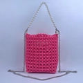 Detail of pink beaded bucket bag with white pearl handle and silver metal chain strap - Rose Red