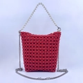 Chic handmade red beaded bucket bag with elegant pearl handle and silver chain strap - Red