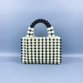Handcrafted black and white beaded square handbag with elegant striped pattern and top handle - Black