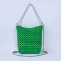 Mini handmade woven green beaded handbag with white pearl handle and silver chain - Dark Green